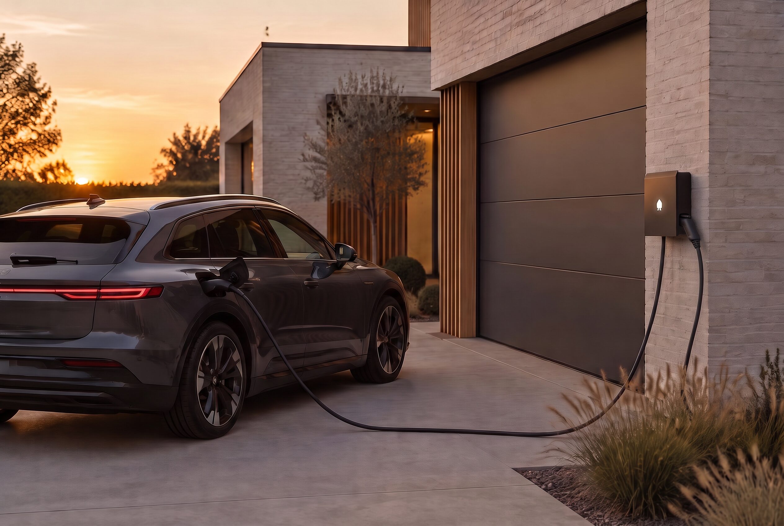 Elektrische wagen die laadt aan een wandlaadpaal bij een moderne woning
