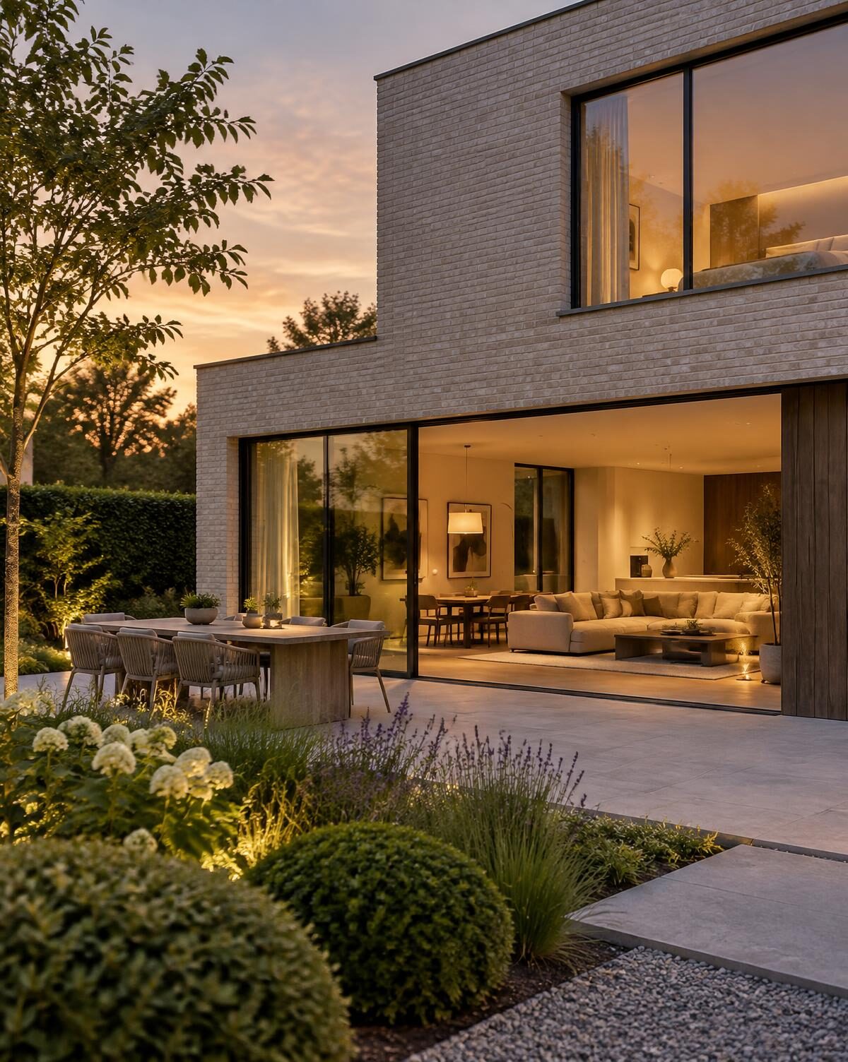 Hedendaagse Belgische nieuwbouwwoning bij zonsondergang
