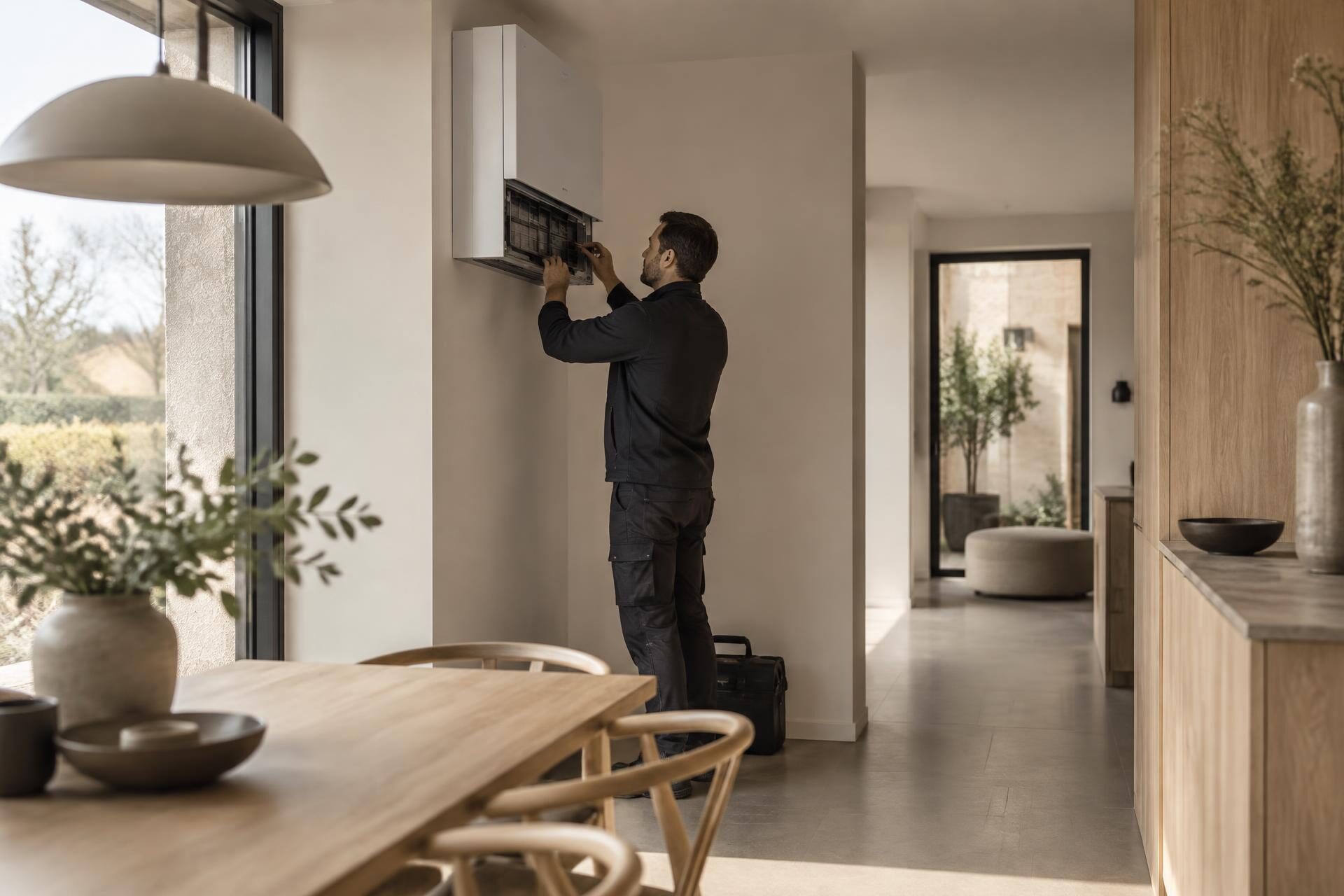Technieker van MARTECO controleert een technische installatie in een moderne woning