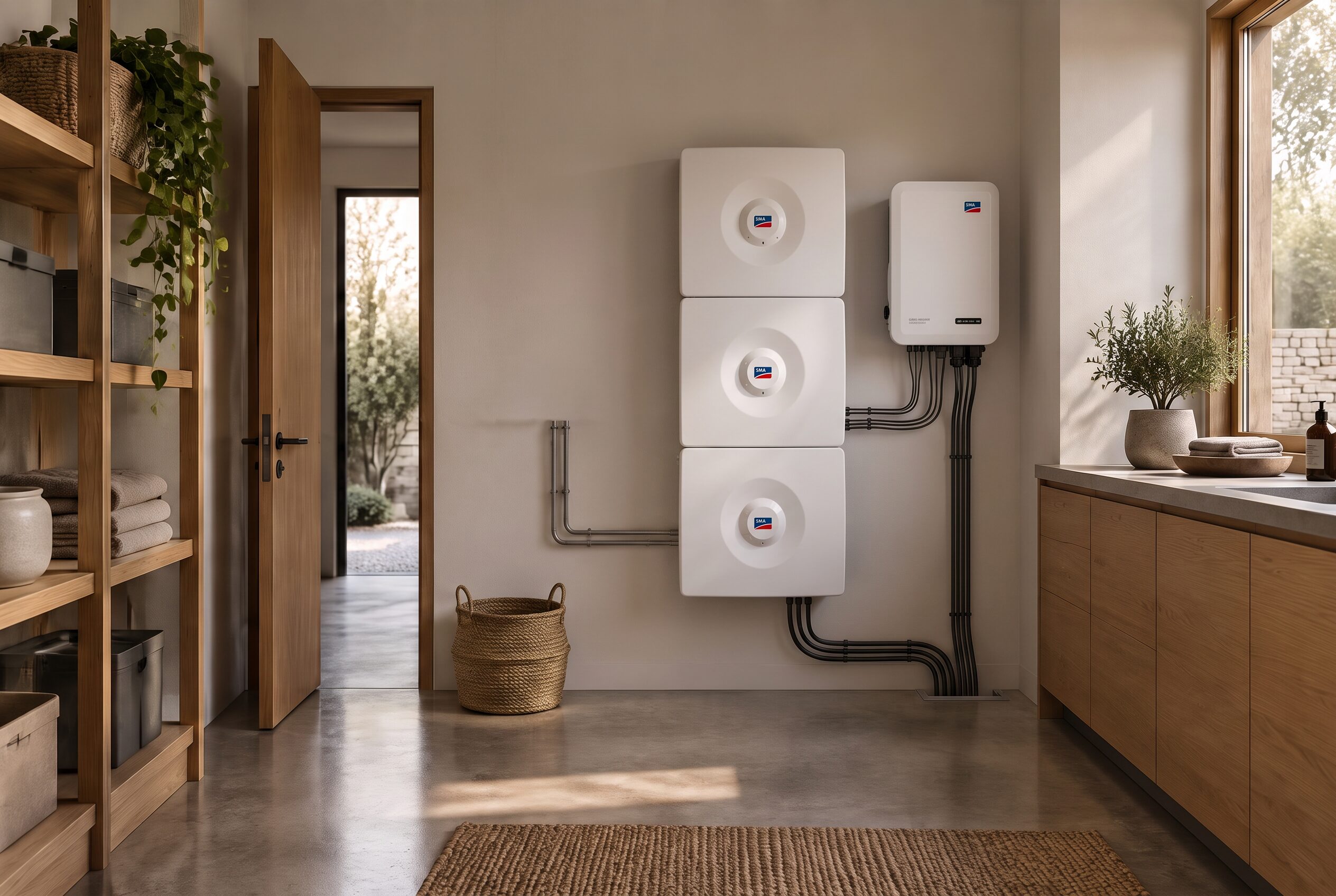 Warme, moderne technische ruimte met een discreet geïntegreerde thuisbatterij