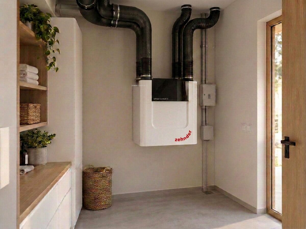 Verzorgd kanalennet en ventilatie-unit in een moderne woning in opbouw