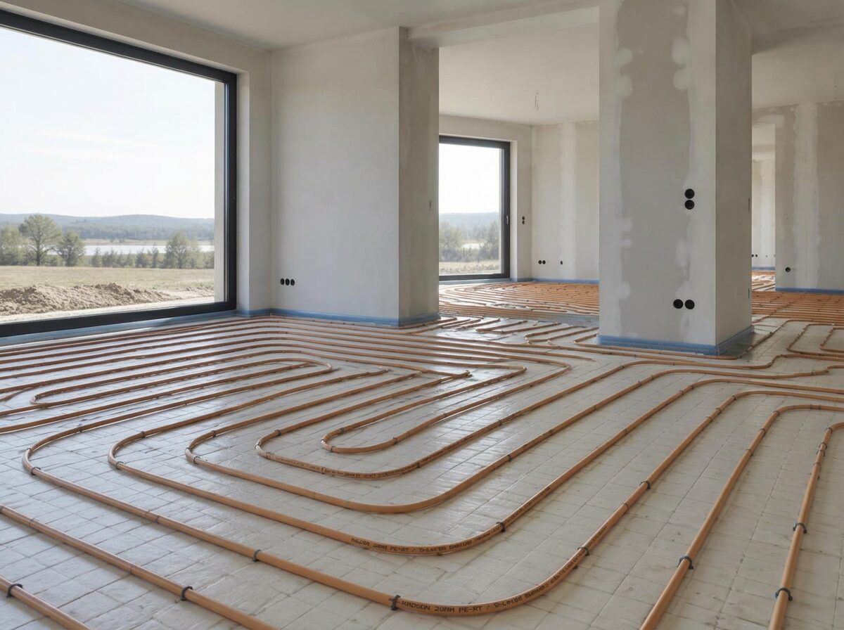 Realistische Radson-vloerverwarming met oranje leidingen in een hedendaagse nieuwbouwwoning