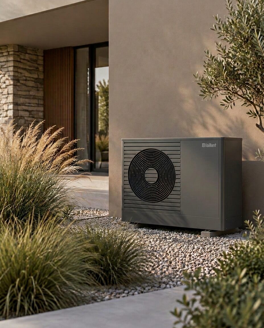 Discreet geplaatste buitenunit van een lucht-waterwarmtepomp bij een hedendaagse woning