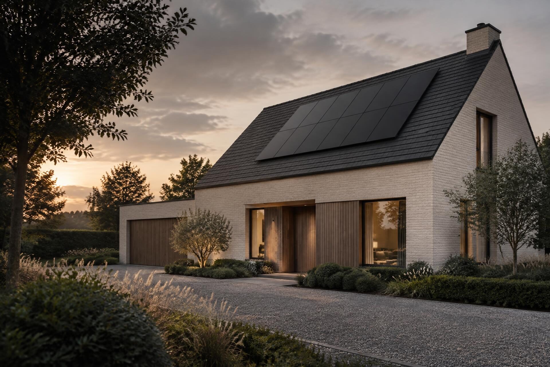 Hedendaagse woning met zonnepanelen geïntegreerd in het dak