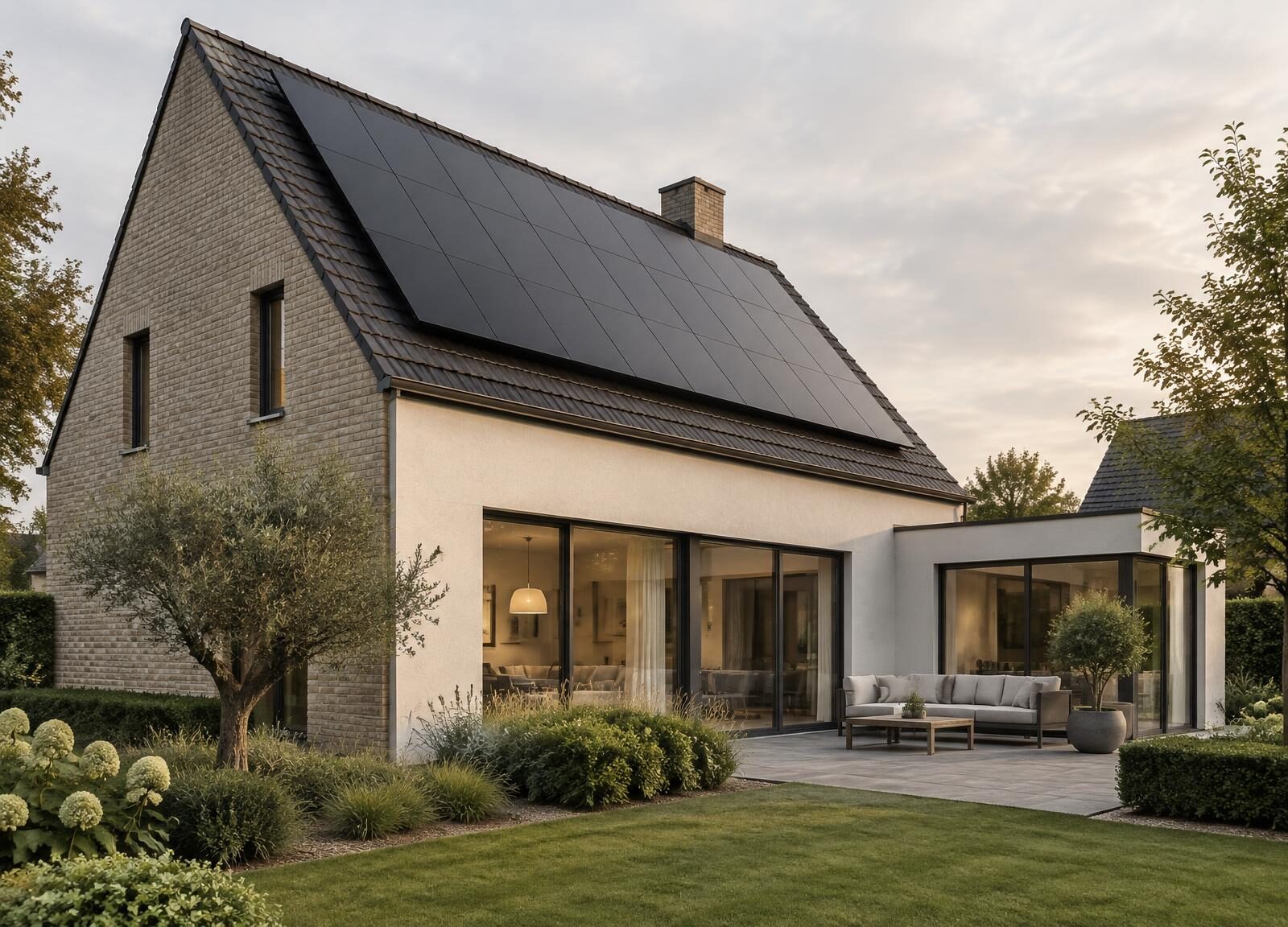 Moderne woning met zorgvuldig geïntegreerde zonnepanelen
